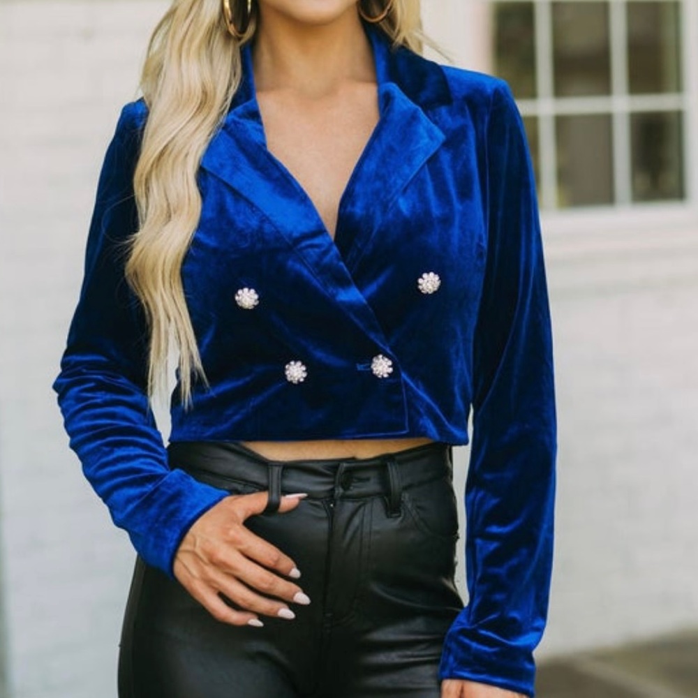 Royal blue velvet cropped blazer